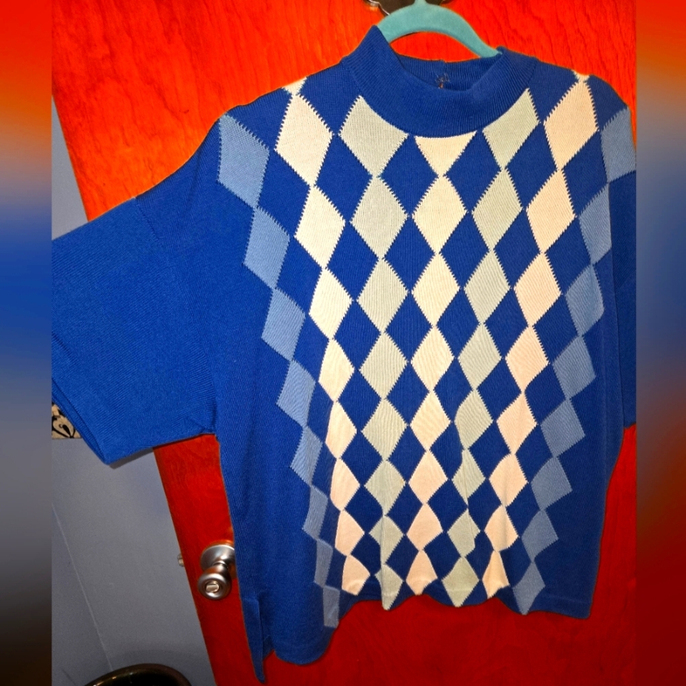 St. John Blue and White Argyle Crewneck Sweater